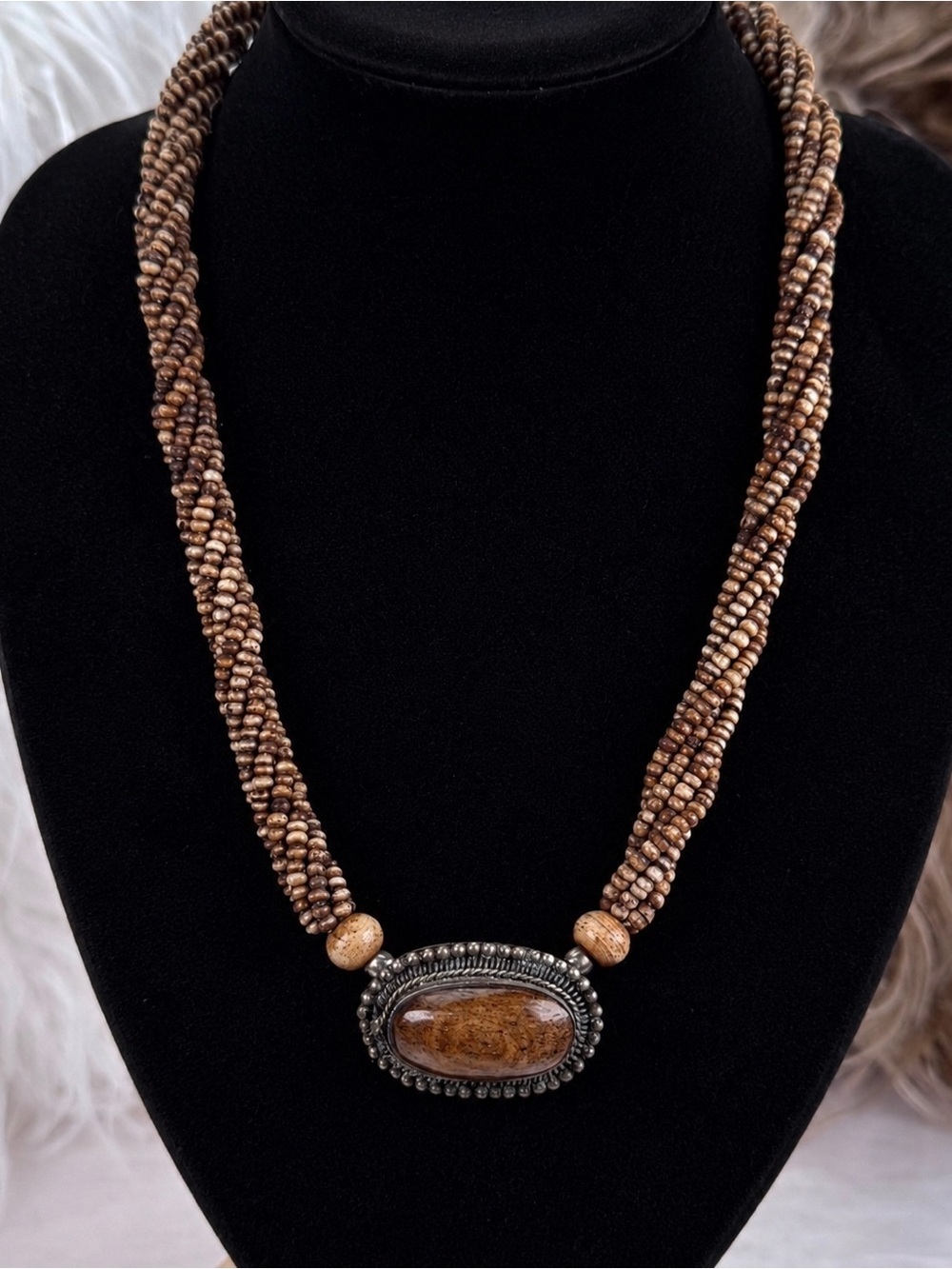 Vintage Multi Strand Brown Bead Oval Cabochon Statement Necklace Boho